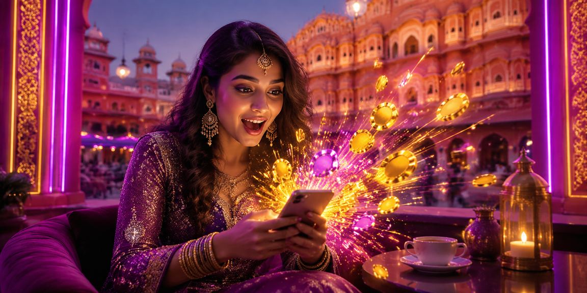 Mobile Rummy gameplay on Jaipur casino neon backdrop